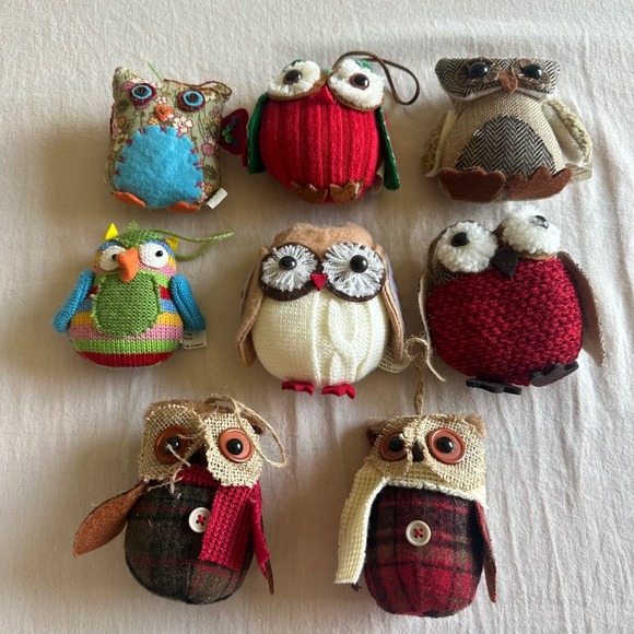 Other - Rustic Owl Christmas Ornaments Mixed Fabric Knit Burlap Plaid Decor lot of 8 EUC